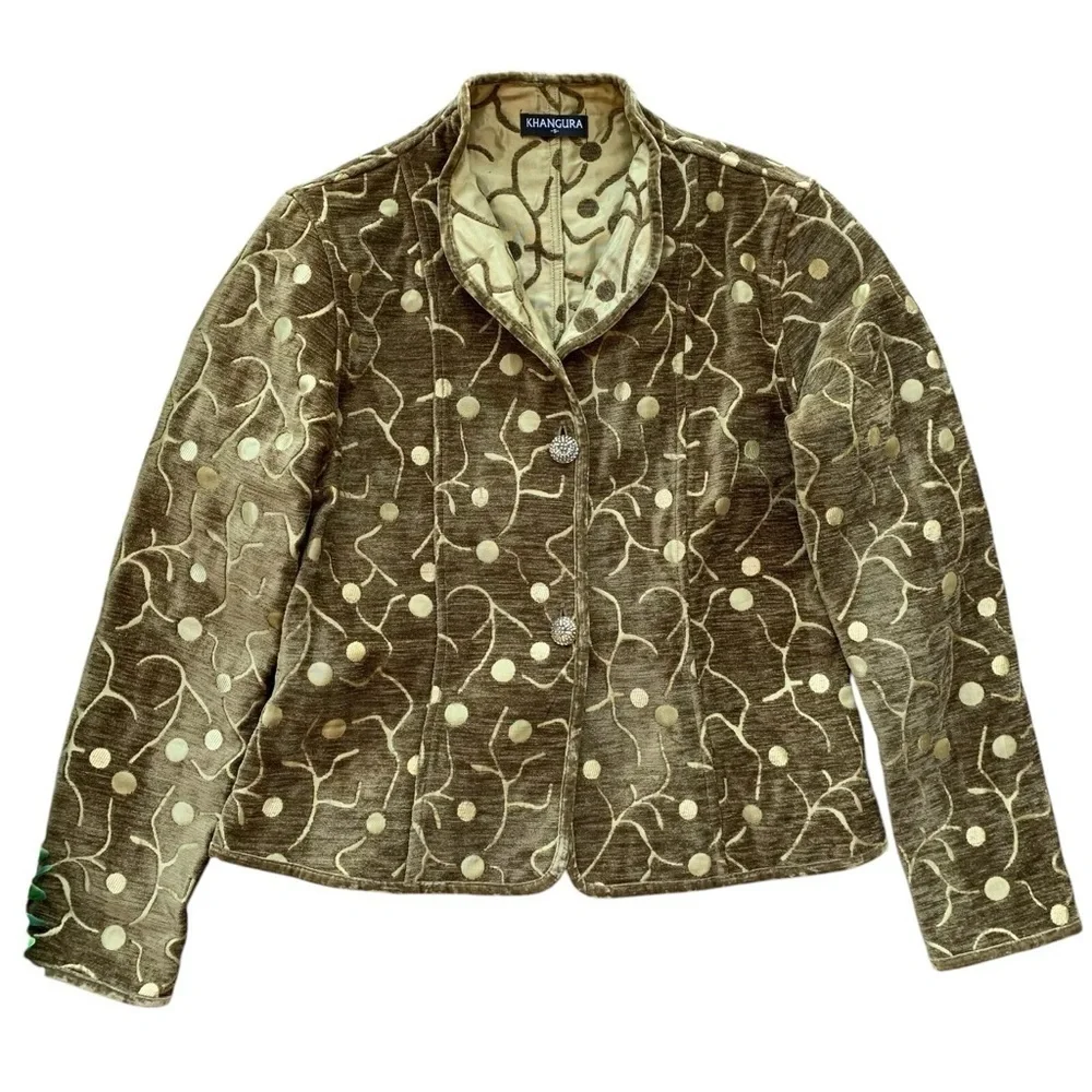 Khangura Reversible Tapestry Dot Print Art Wear Jacket Brown Beige Size Small